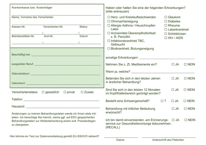 Medical form containing personal data